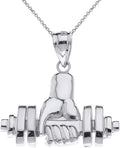Sterling Silver Weightlifting Dumbell Barbell Pendant Necklace - Gym