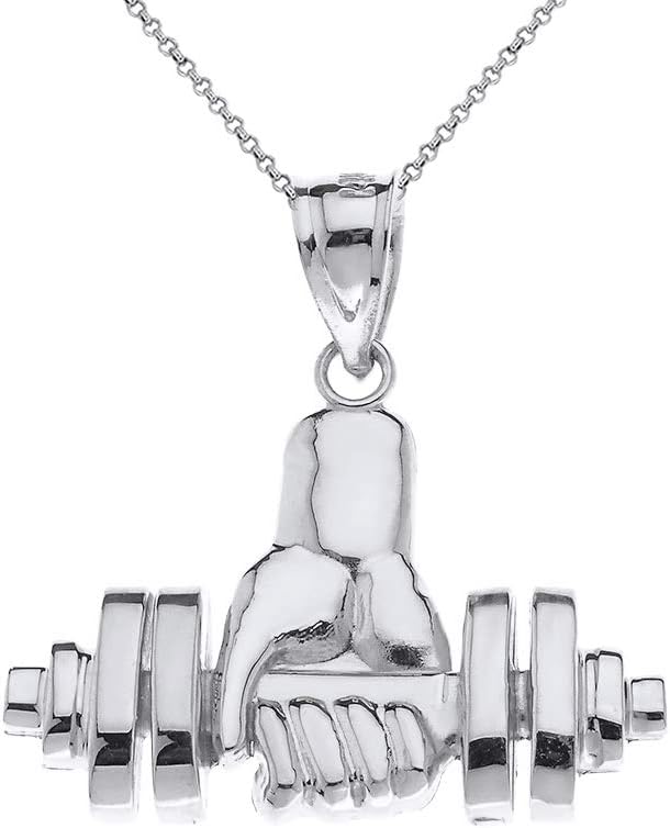 Sterling Silver Weightlifting Dumbbell Barbell Fitness Charm Necklace