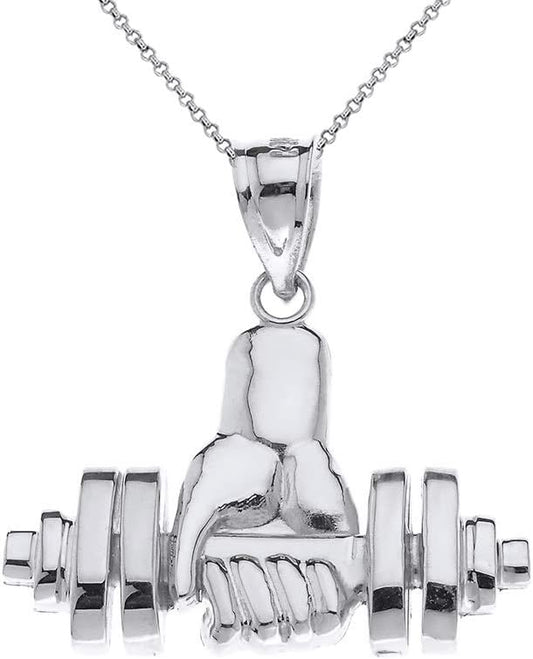 Sterling Silver Weightlifting Dumbbell Barbell Fitness Charm Necklace