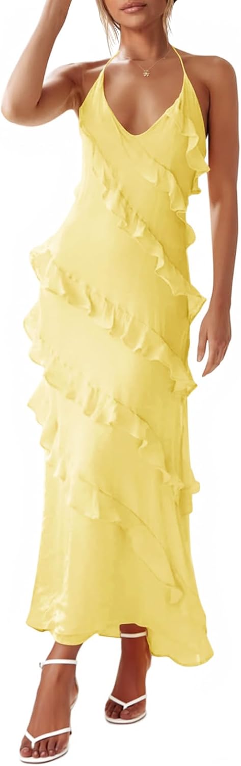 Womens Sexy Chiffon Halter Maxi Dress with Ruffle Detail