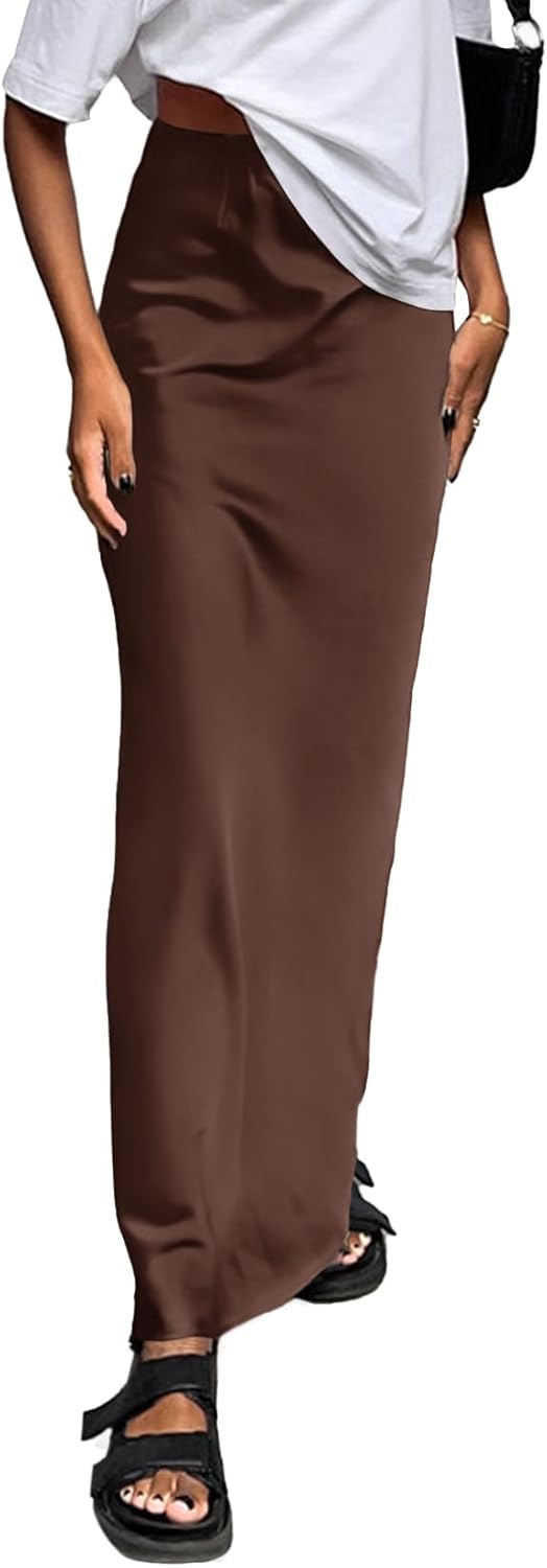 Elegant Satin Silky High Waist A Line Maxi Long Skirt for Women