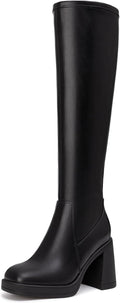 Knee High Boots for Women Square Toe Platform Chunky Heel - Stylish PU