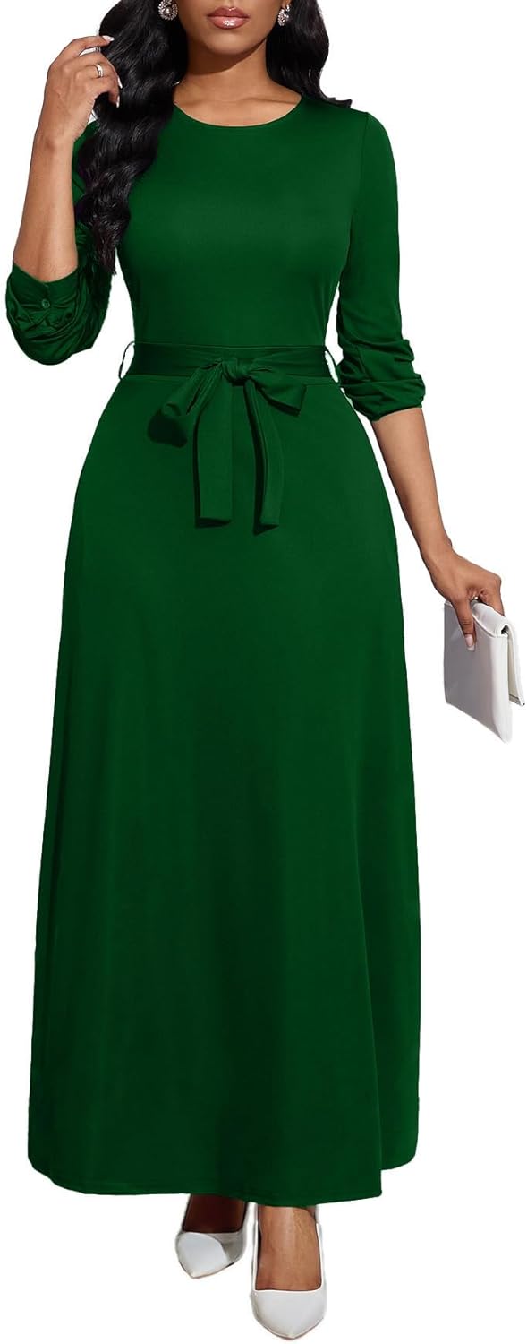 Long Dress for Women Casual Long Sleeve Maxi Dress with Belt