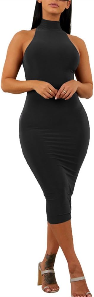 GOBLES Women's Sexy Halter High Neck Bodycon Midi Dress Review