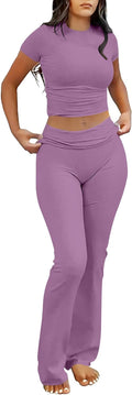 Lounge Sets for Women 2 Piece Foldover Flare Leggings Crop Top - Soft
