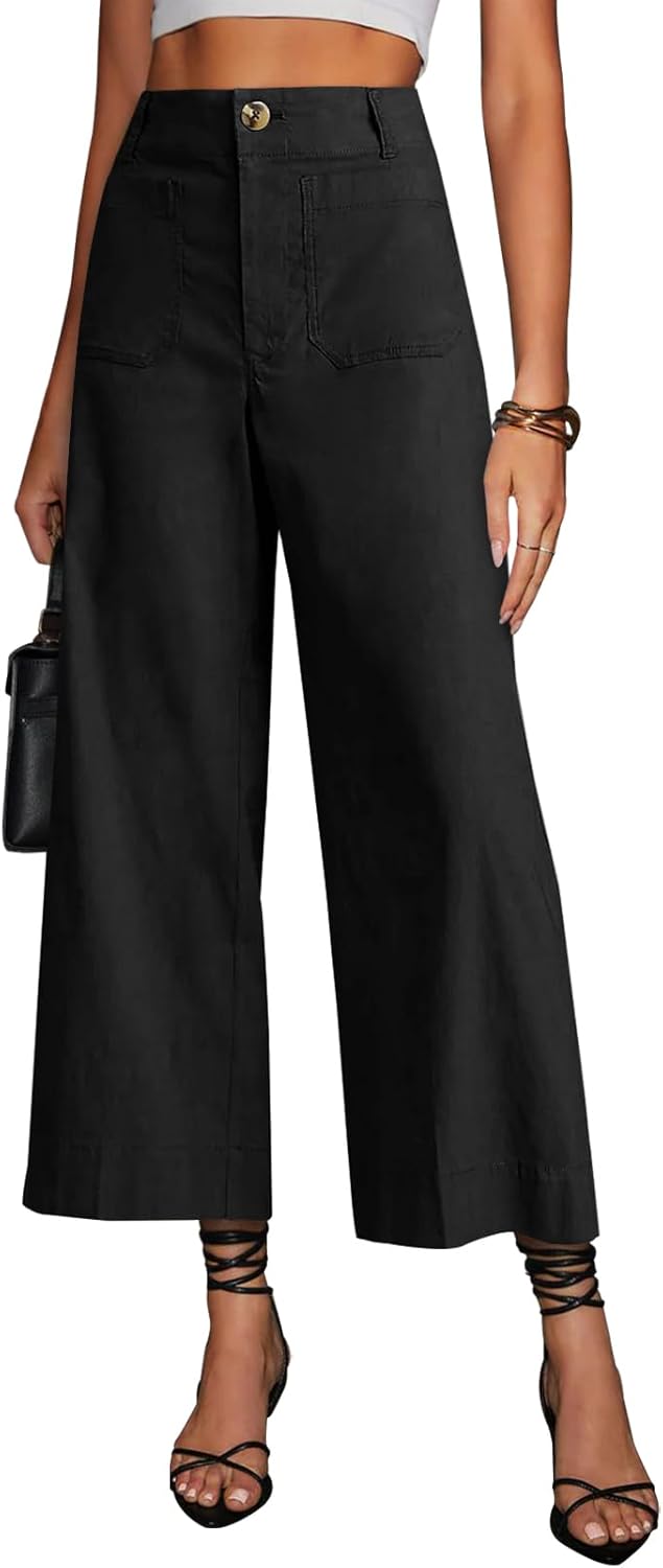 High Waisted Cropped Wide Leg Stretchy Pants for Women