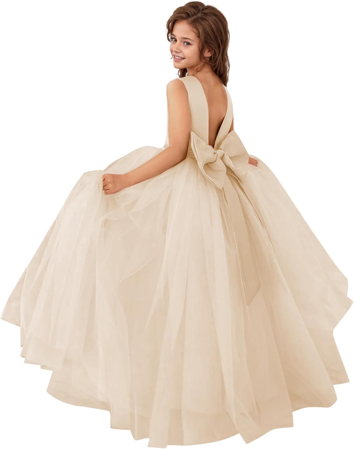 MCieloLuna Flower Girls Satin Tulle Princess Pageant Dress