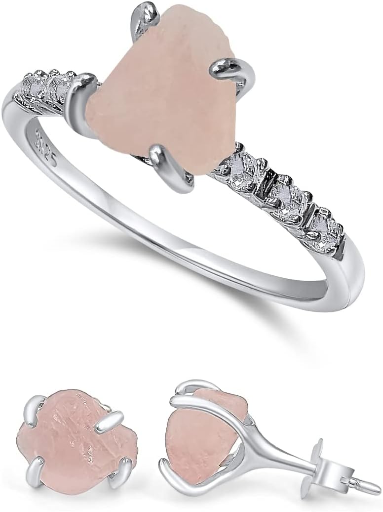 Raw Stone Stud Earrings and Dainty Ring Jewelry Set Gift