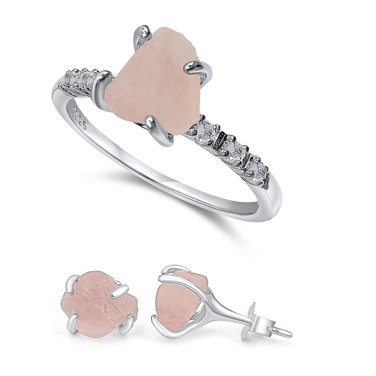 Raw Rose Quartz Stud Earrings and Dainty Ring Jewelry Set