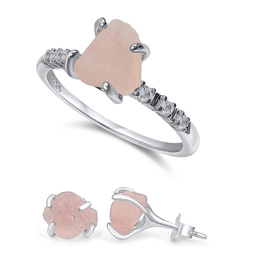 Raw Rose Quartz Stud Earrings and Dainty Ring Jewelry Set