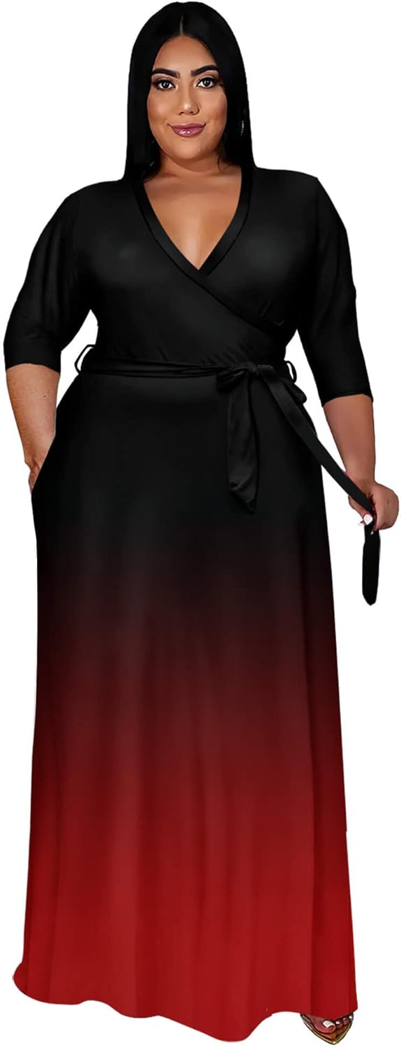 Runwind Plus Size Dress for Women - Elegant V Neck Maxi Style