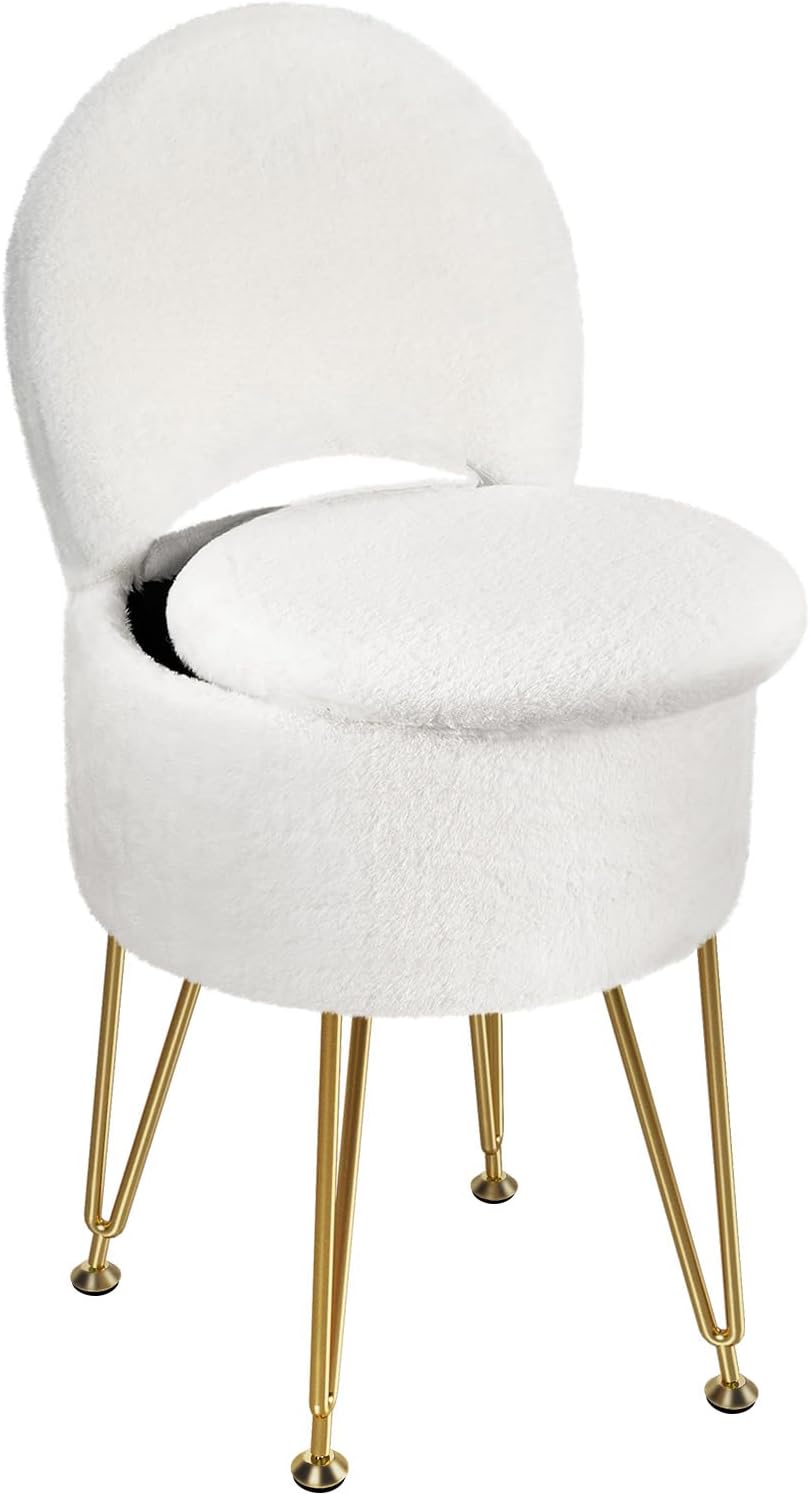 Faux Fur Vanity Stool Chair with Storage and Folding Backrest
