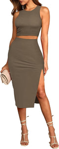 Pink Queen Women's 2 Piece Ribbed Tank Top and Slit Midi Skirt Set