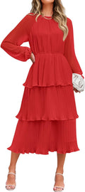 ZESICA Long Sleeve Ruffle Tiered Chiffon Midi Dress - Flowy Elegant