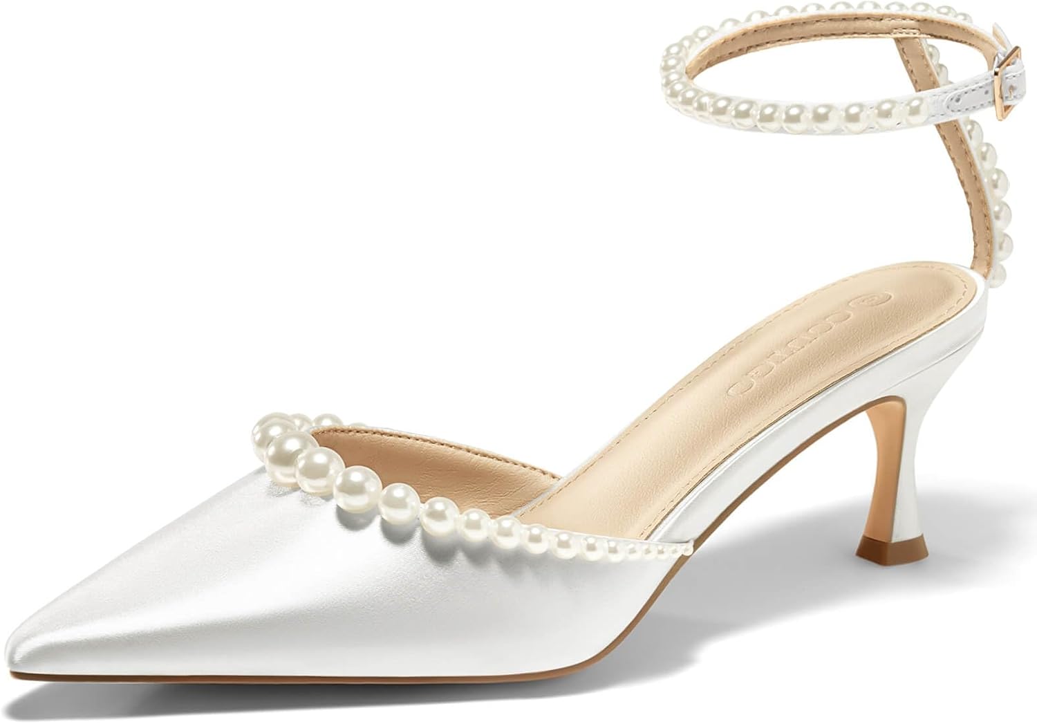 Coutgo Womens Pearl Kitten Heels Closed Pointed Toe Dress Shoes