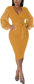 Semi Formal Church Dress V Neck Bishop Sleeve Midi - Elegant Fit