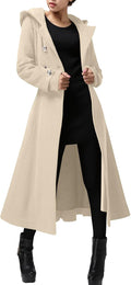Womens Long Double-Breasted Hooded Wool Trench Coat - Warm Fit
