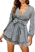 Womens Floral Print Cotton Romper V Neck Long Sleeve - Beach Ready