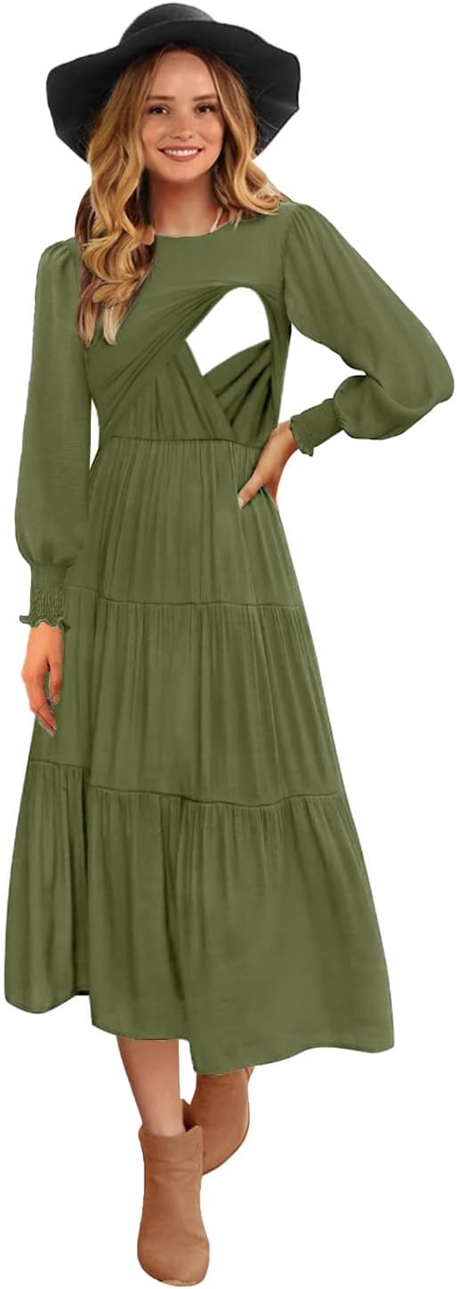 Womens Flutter Long Sleeve Smocked Tiered Nursing Dress with Pockets