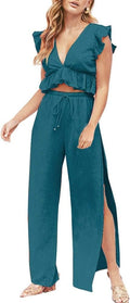 FANCYINN Womens 2 Piece Deep V Neck Crop Top and Wide Leg Pants Set on