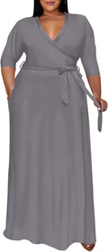 Runwind Plus Size V Neck Maxi Dress for Women - Flowy Belted 3/4