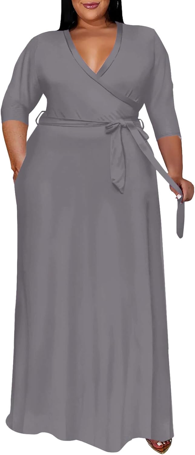 Runwind Plus Size Dress for Women - Elegant V Neck Maxi Style