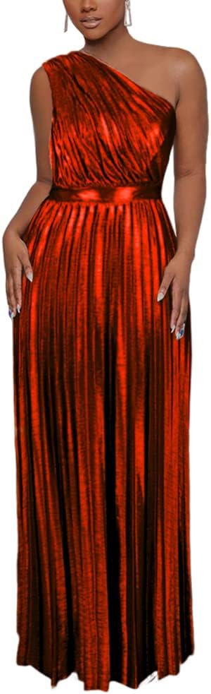 AOMEI Women's Luxury Metallic One Shoulder Elegant Dress