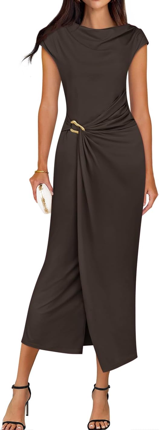 ZESICA Women's Summer Mock Neck Bodycon Midi Dress for Parties