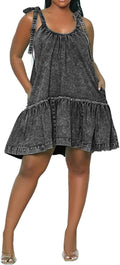 Women Denim Cami Dress Tie Shoulder Ruffle Hem Babydoll Sundress refer