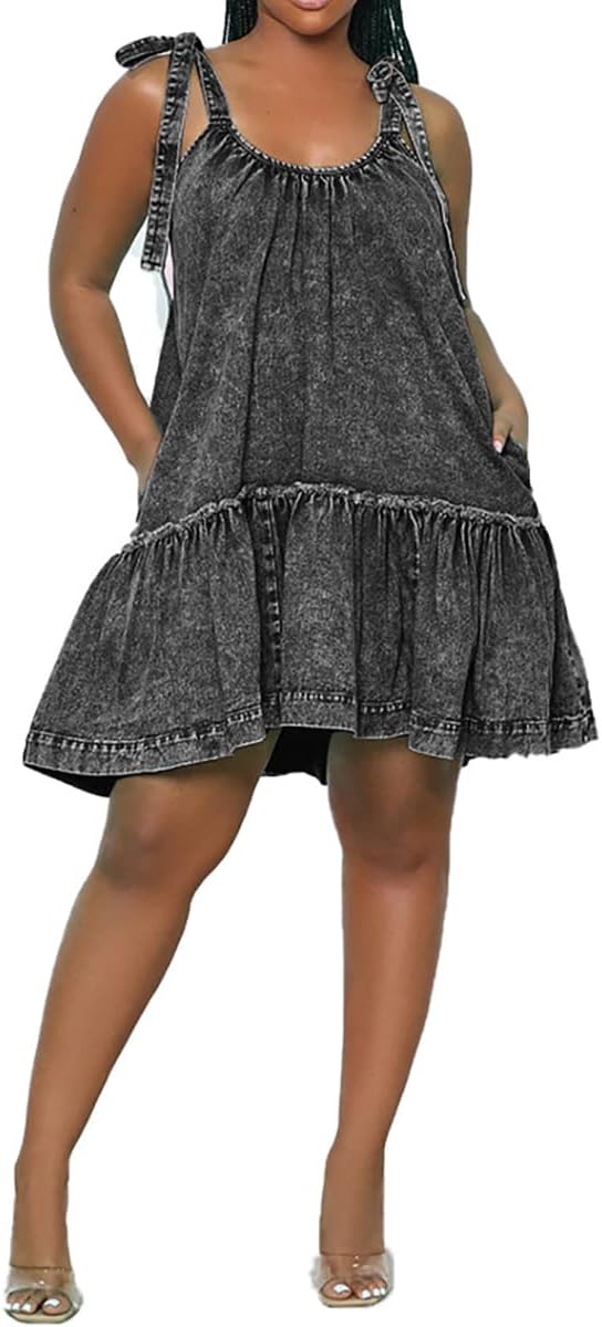 Women Denim Cami Dress with Tie Shoulder and Ruffle Hem