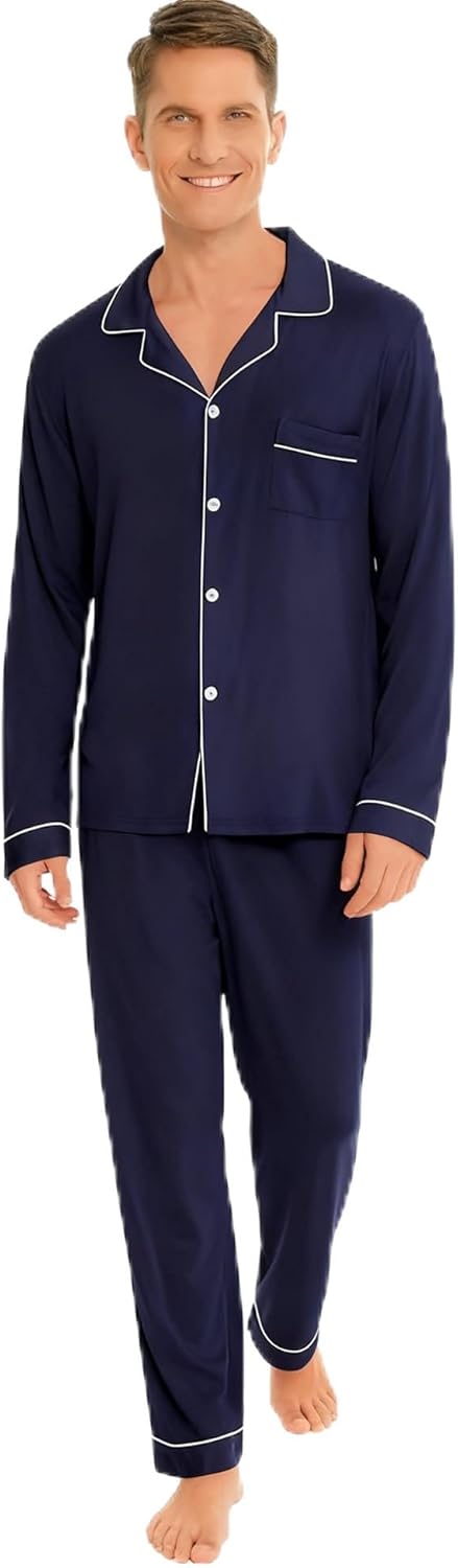 SWOMOG Men Pajamas Set Comfy Modal Pjs Button Down Sleepwear
