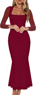 BORIFLORS Ruched Mesh Bodycon Maxi Dress - Elegant Cocktail Fit