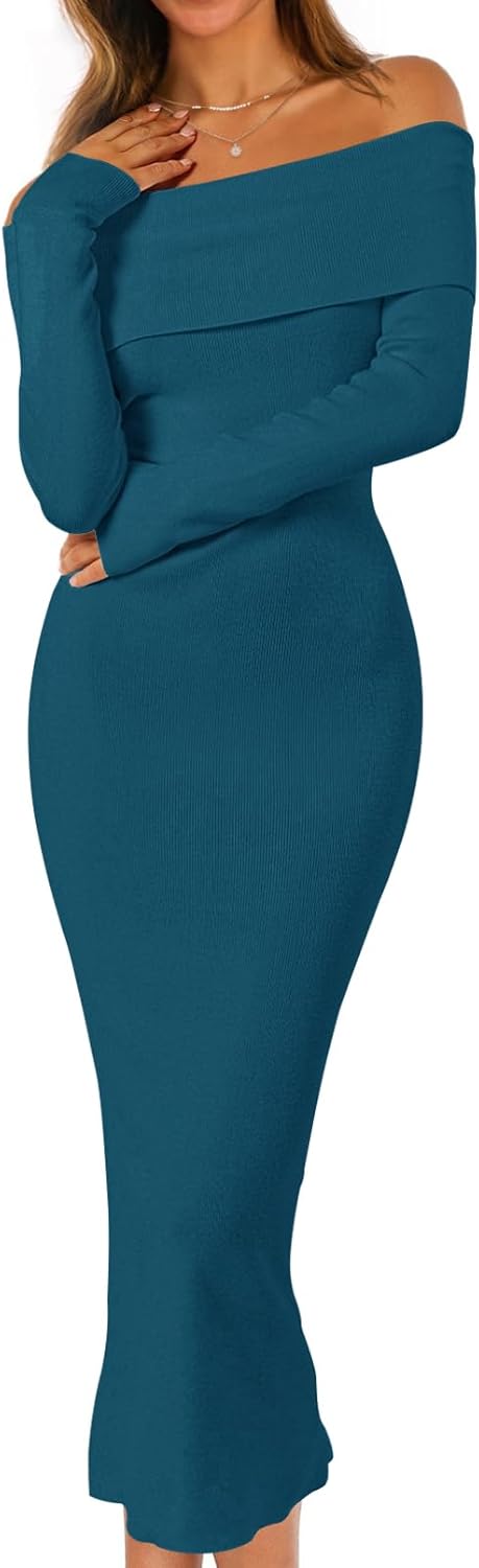 MEROKEETY Women's Fall Off Shoulder Bodycon Sweater Dress