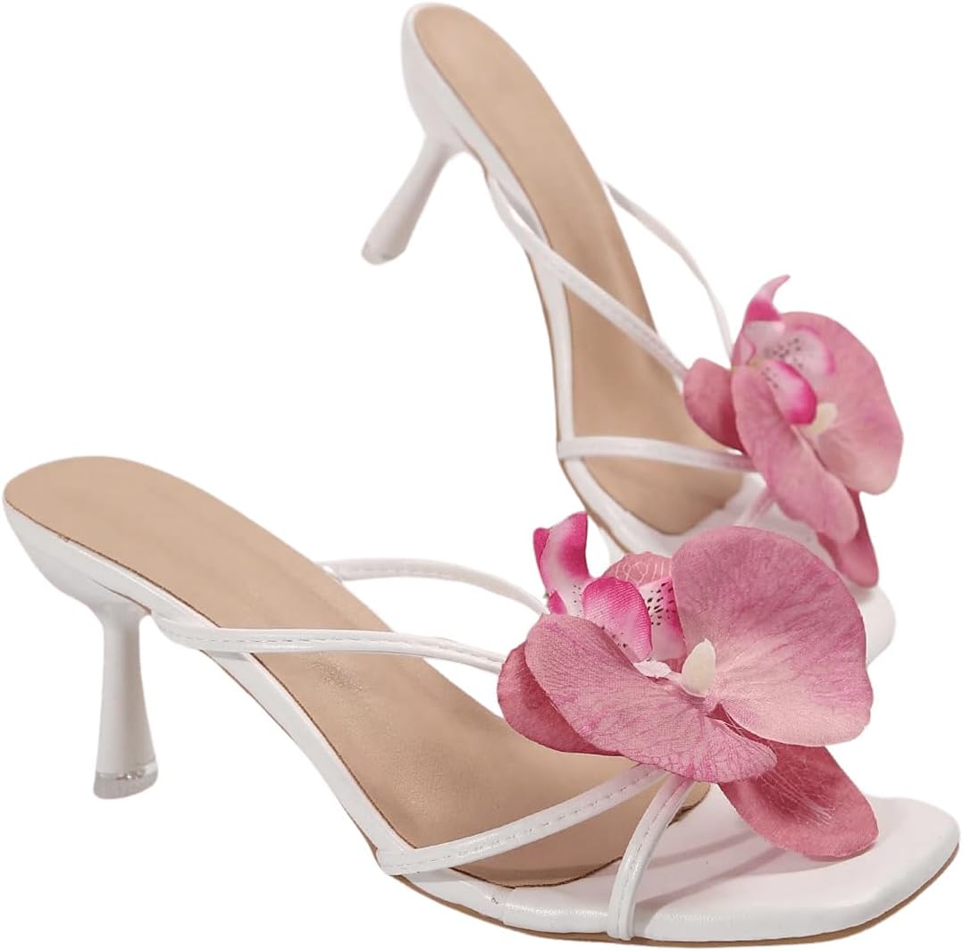 Open Toe Floral Kitten Heels for Women - Summer Beach Sandals