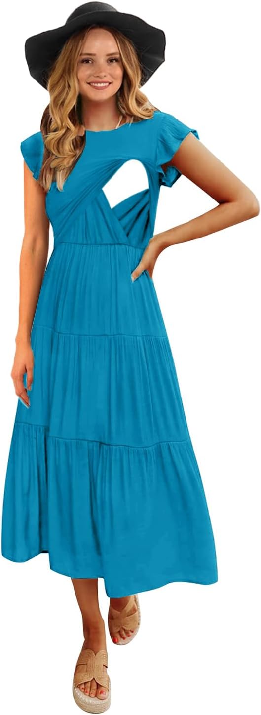 Womens Flutter Short Sleeve Smocked Tiered Nursing Dress Review