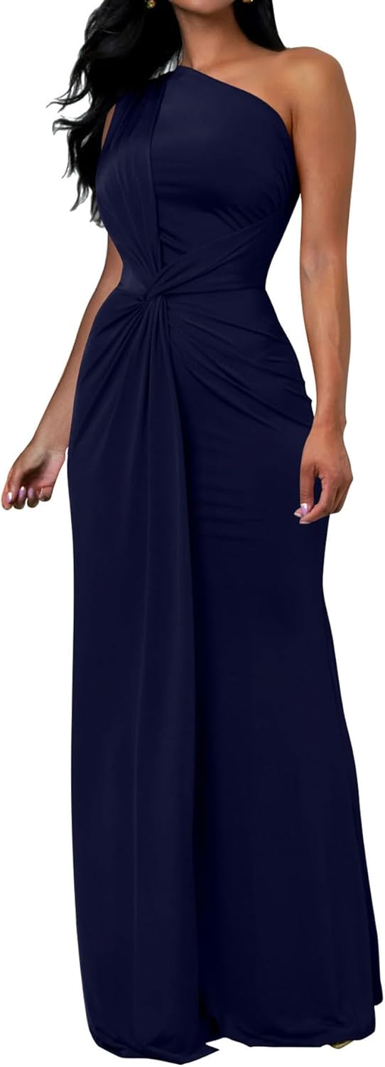 Elegant Sleeveless One Shoulder Bodycon Evening Maxi Dress