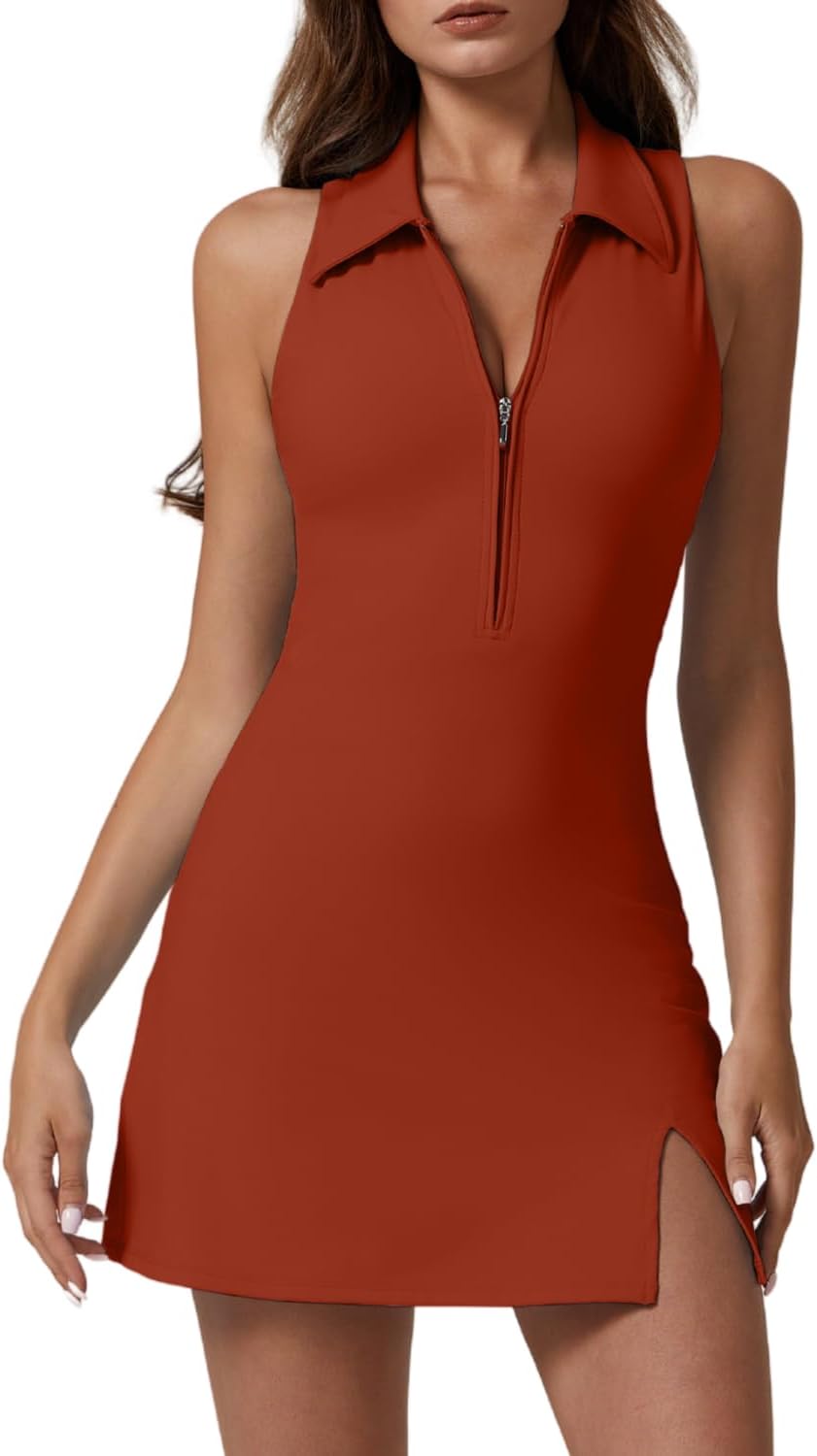 QINSEN Womens Zip Front Tennis Dress with Built-in Shorts