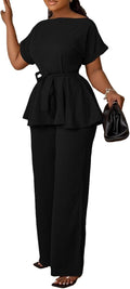 Women's 2 Piece Outfits Suit Set - Peplum Top with Flared Pants
