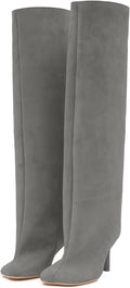 Women's Knee High Wide Calf Nude Suede Stiletto Boots - Comfortable