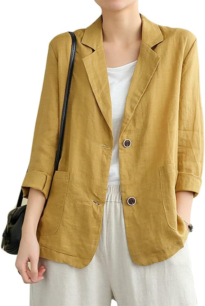 Cotton Linen Blazer for Women - Casual Long Sleeve Jacket