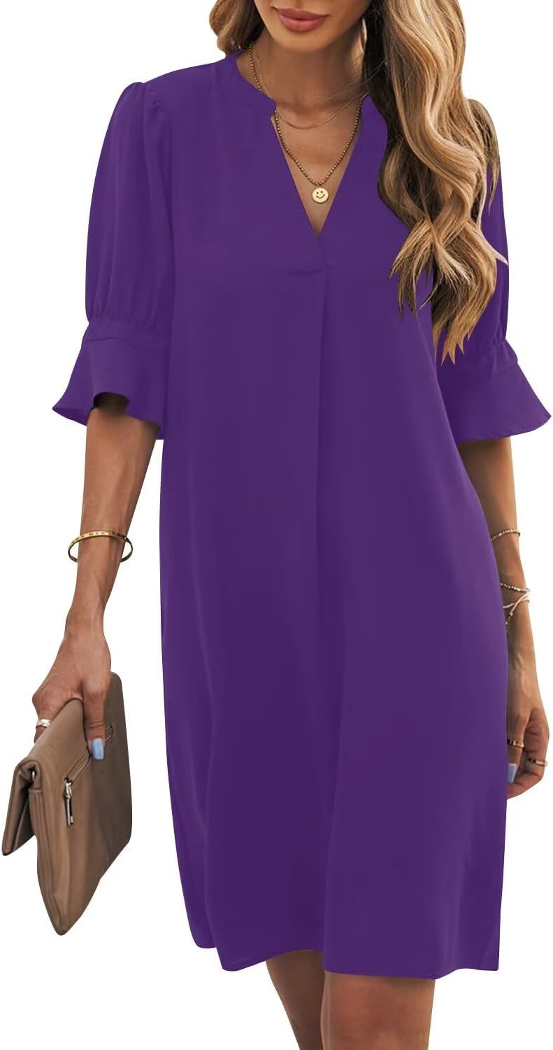 Wkior Shift Dress for Women V Neck Short Sleeves Casual Style