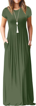 Women Summer Crew Neck Casual Short Sleeve Maxi Dress - Soft, Pockets