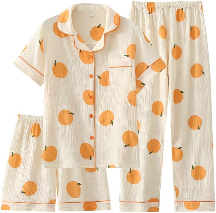 Womens 3pcs Cotton Pajamas Set Short Sleeve Sleepwear Fruit Print