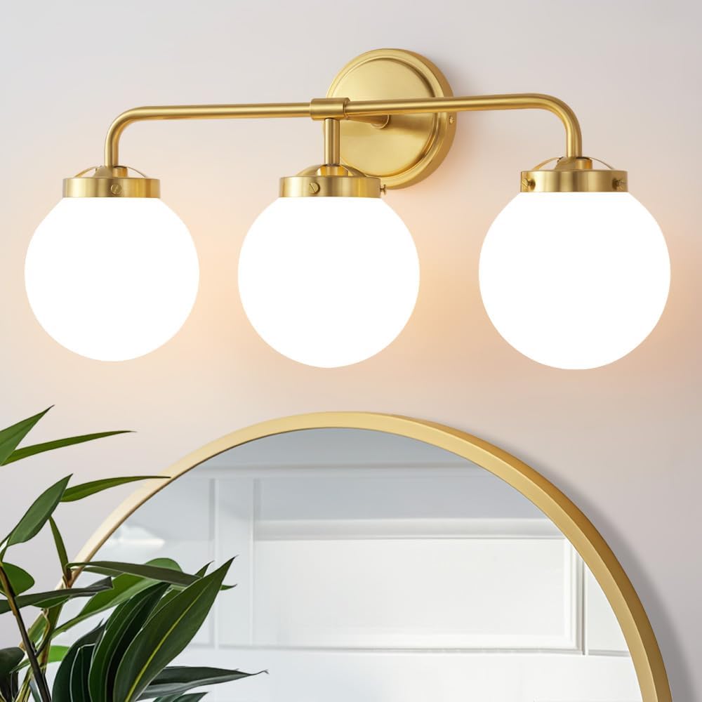Gold Bathroom Vanity Light Fixtures with Milky Glass Shade