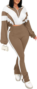Vssjavun Women Color Block 2-Piece Sweatsuit - Stylish Crop Jacket