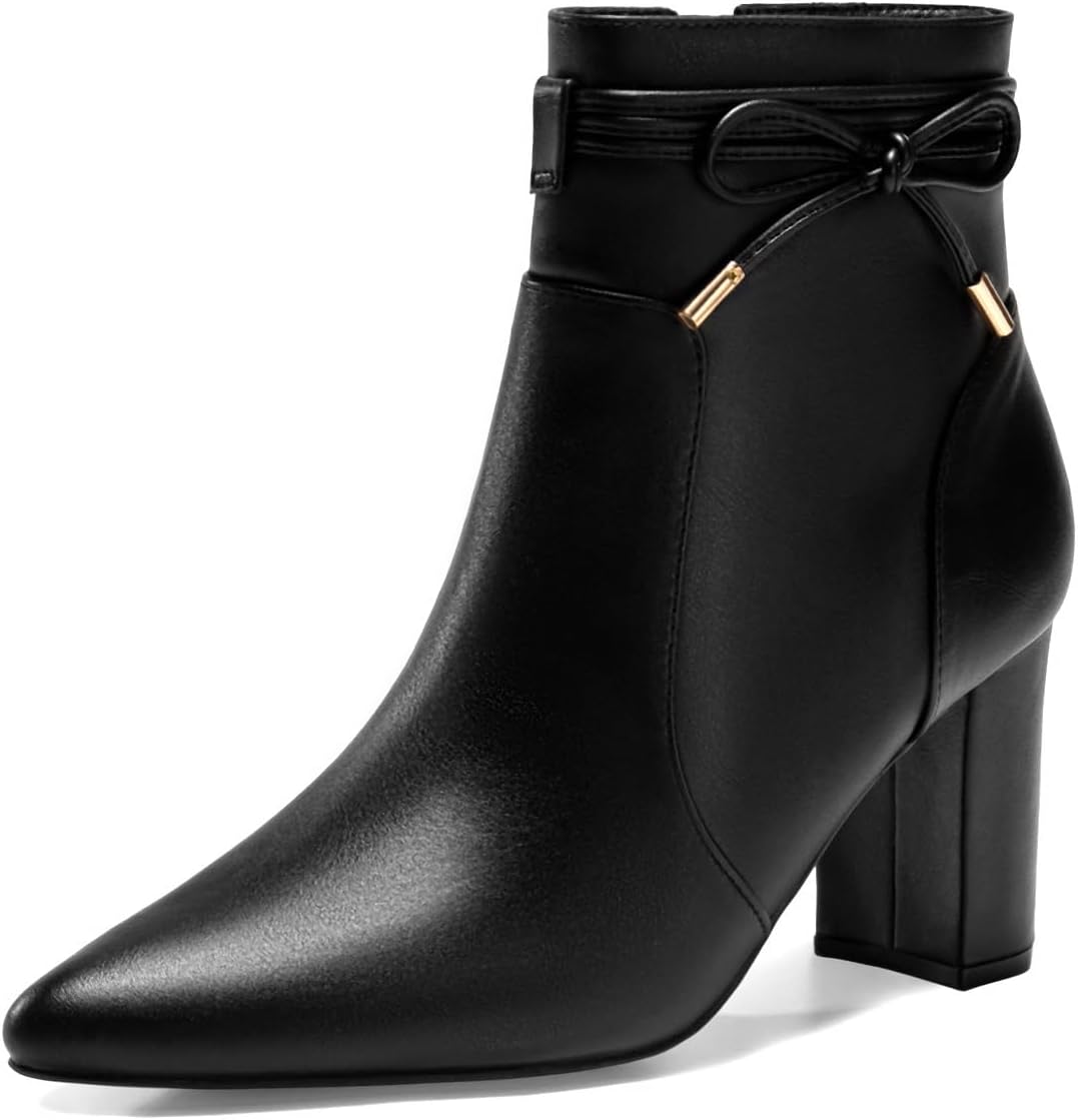 Coutgo Womens Pointed Toe Ankle Boots with Chunky Block Heel