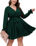 Plus Size Women's Wrap V Neck Long Sleeve A Line Mini Dress - Emerald