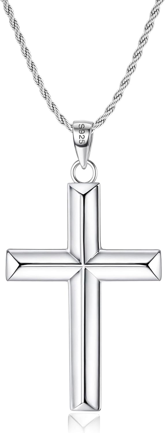 Solid 925 Sterling Silver Cross Necklace for Men and Women