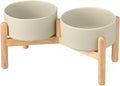 Raised Dog Bowls with Wooden Stand - Elevated Ceramic Double Bowls