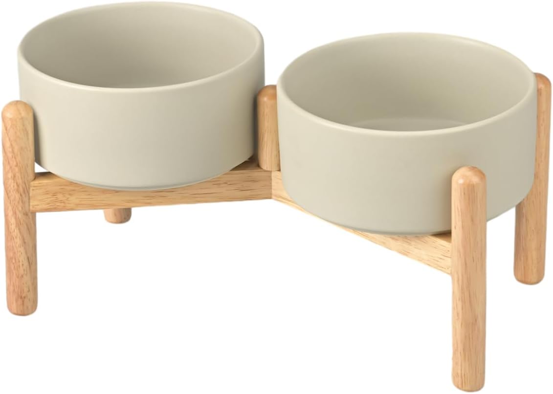 Elevated Dog Bowls with Wooden Stand for Healthy Eating Posture